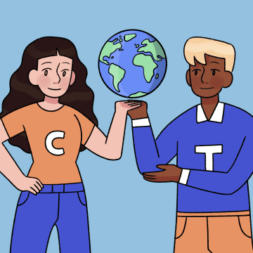 A Contractor Taxation avatar wearing an orange t-shirt with the letter C on it stands next to another Contractor Taxation avatar wearing a blue polo shirt with the letter T on it. They are holding a globe between them.