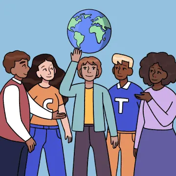 A group of people stand together including the two Contractor Taxation avatars. The person in the middle is holding a globe of the world above their head.